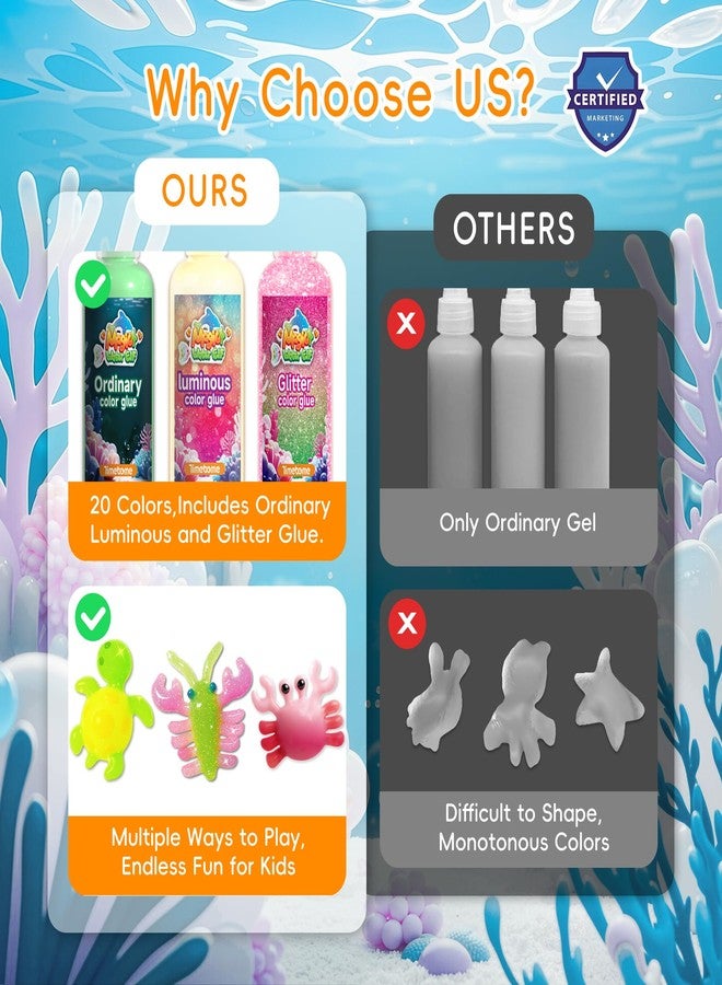 Timetome Magic Water Elf Toy Kit for Kids - 20 Gels (11 Standard + 6 Glitter + 3 Glow) & 10 Molds, DIY Squishy Maker, Aqua Fairy Gel Toys, Night Glow & Glitter, Birthday Gifts for Boys & Girls 3+ - Image 2